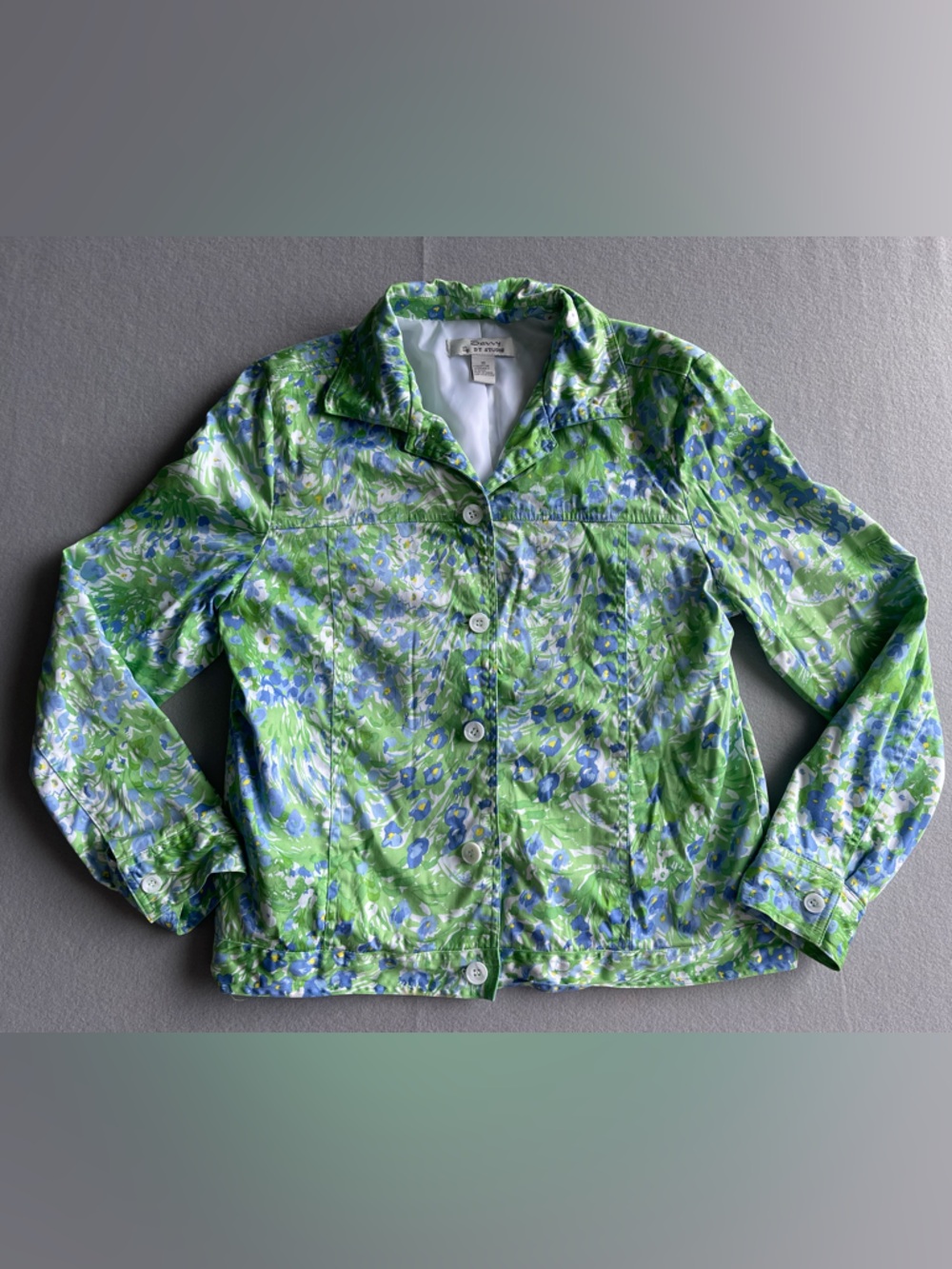 Savvy DT Studio Green Blue Floral Cropped Jacket Lightweight Button Front Spring
